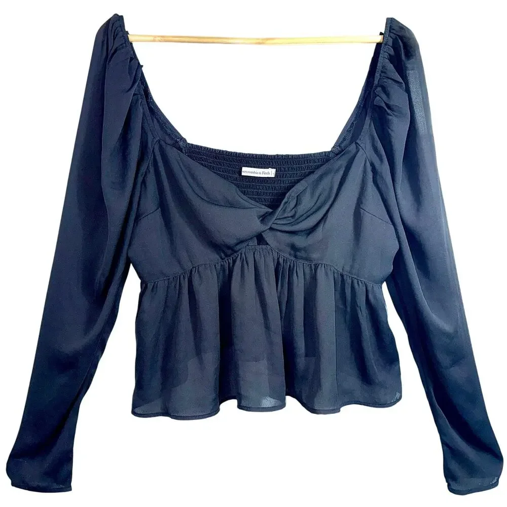 Abercrombie & Fitch Black Sheer Ruched Peplum Smocked Puff Sleeve Crop Top Sz L